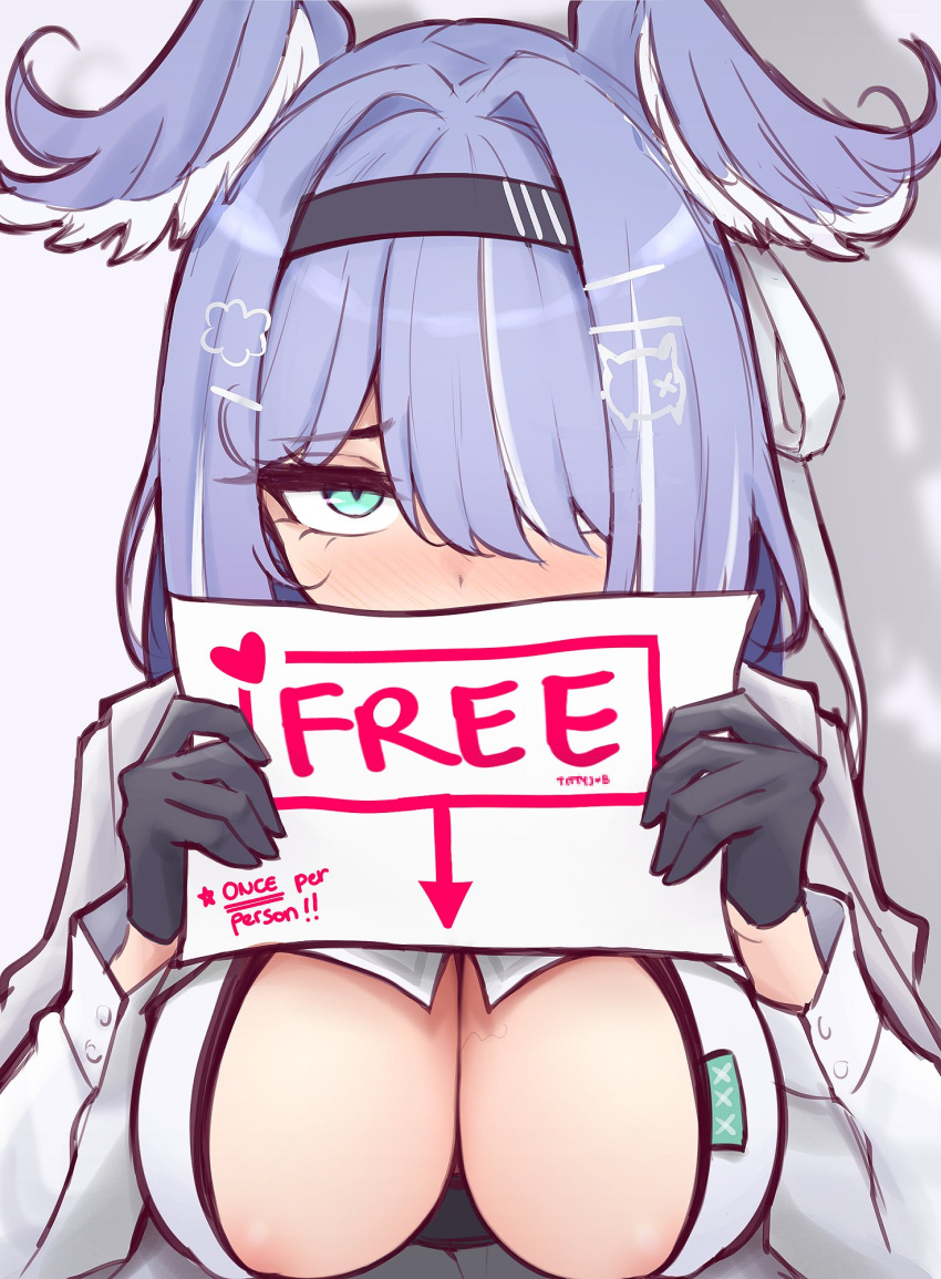 1girl aqua_eyes areola_slip black_gloves blue_hair blush breasts cleavage cleavage_cutout clothing_cutout elira_pendora elira_pendora_(4th_costume) english_commentary gloves hair_intakes hair_ornament hair_over_one_eye hairband hairclip head_wings highres holding holding_sign large_breasts m_r_b nijisanji nijisanji_en paper sign solo virtual_youtuber wings