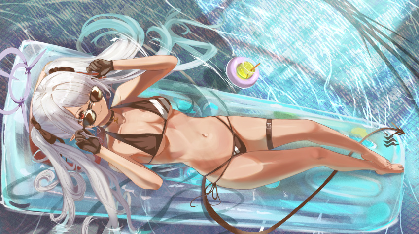 1girl afloat armpits bare_legs bare_shoulders barefoot bikini black_bikini black_choker black_gloves blue_archive blush breasts choker cup dark-skinned_female dark_skin day demon_tail dizzen drinking_glass drinking_straw eyewear_on_head from_above full_body gloves grey_hair hair_ornament hair_over_one_eye hair_ribbon halo halterneck highres inflatable_raft iori_(blue_archive) iori_(swimsuit)_(blue_archive) long_hair looking_at_viewer lying multi-strapped_bikini navel on_back outdoors pointy_ears pool ribbon ripples side-tie_bikini_bottom smile solo stomach string_bikini sunglasses swimsuit tail thigh_strap twintails very_long_hair water