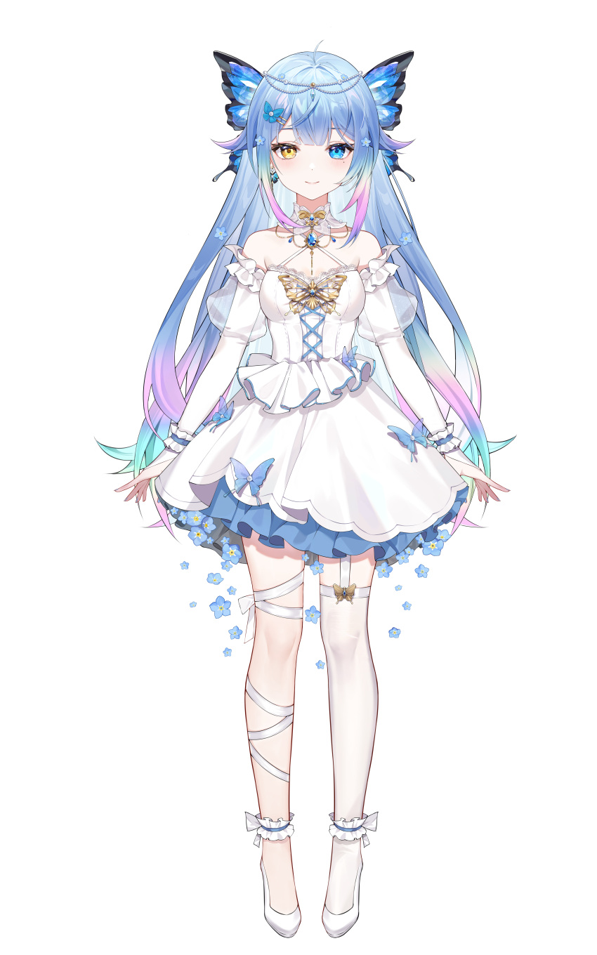 1girl absurdres ahoge ameki_(vtuber) animal_print ankle_cuffs aqua_hair blue_butterfly blue_dress blue_eyes blue_flower blue_gemstone blue_hair blush bojipiaoji breasts bug butterfly butterfly_print butterfly_wings closed_mouth detached_collar detached_sleeves dress flower full_body garter_straps gem gradient_hair hair_ornament head_wings heterochromia highres juliet_sleeves layered_dress leg_ribbon long_hair long_sleeves looking_at_viewer medium_breasts mole mole_under_eye multicolored_hair nijisanji official_art one_eye_closed pearl_hair_ornament pink_hair puffy_sleeves ribbon see-through see-through_sleeves short_dress single_thighhigh sleeveless sleeveless_dress smile solo standing star_(symbol) star_hair_ornament tachi-e thighhighs two-tone_dress very_long_hair virtual_youtuber virtuareal white_background white_dress white_ribbon white_thighhighs wings yellow_eyes