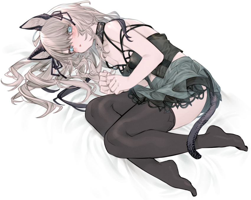 1girl animal_ears aqua_eyes arknights black_camisole black_ribbon black_thighhighs camisole cat_ears cat_girl cat_tail commentary_request elite_ii_(arknights) full_body green_skirt grey_hair hair_ribbon highres infection_monitor_(arknights) kochiya_(gothope) lace-trimmed_skirt lace_trim long_hair looking_at_viewer lying mint_(arknights) no_jacket no_shoes on_side open_mouth ribbon simple_background skirt solo tail thighhighs white_background