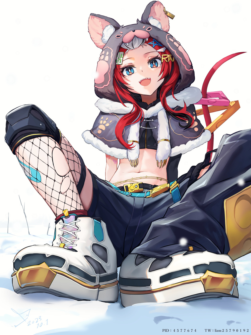 1girl absurdres animal_ears animal_hood belt black_belt black_hair black_shorts blue_eyes fishnet_thighhighs fishnets hair_ornament hakos_baelz hakos_baelz_(3rd_costume) highres hololive hololive_english hood long_hair looking_at_viewer mouse_ears mouse_girl multicolored_hair navel number_hair_ornament open_mouth qiaogun_damodao red_hair sharp_teeth shoes shorts sidelocks single_fishnet_legwear smile sneakers solo star_(symbol) star_hair_ornament streaked_hair tasmanian_devil teeth thighhighs upper_teeth_only virtual_youtuber white_background white_footwear white_hair yellow_belt