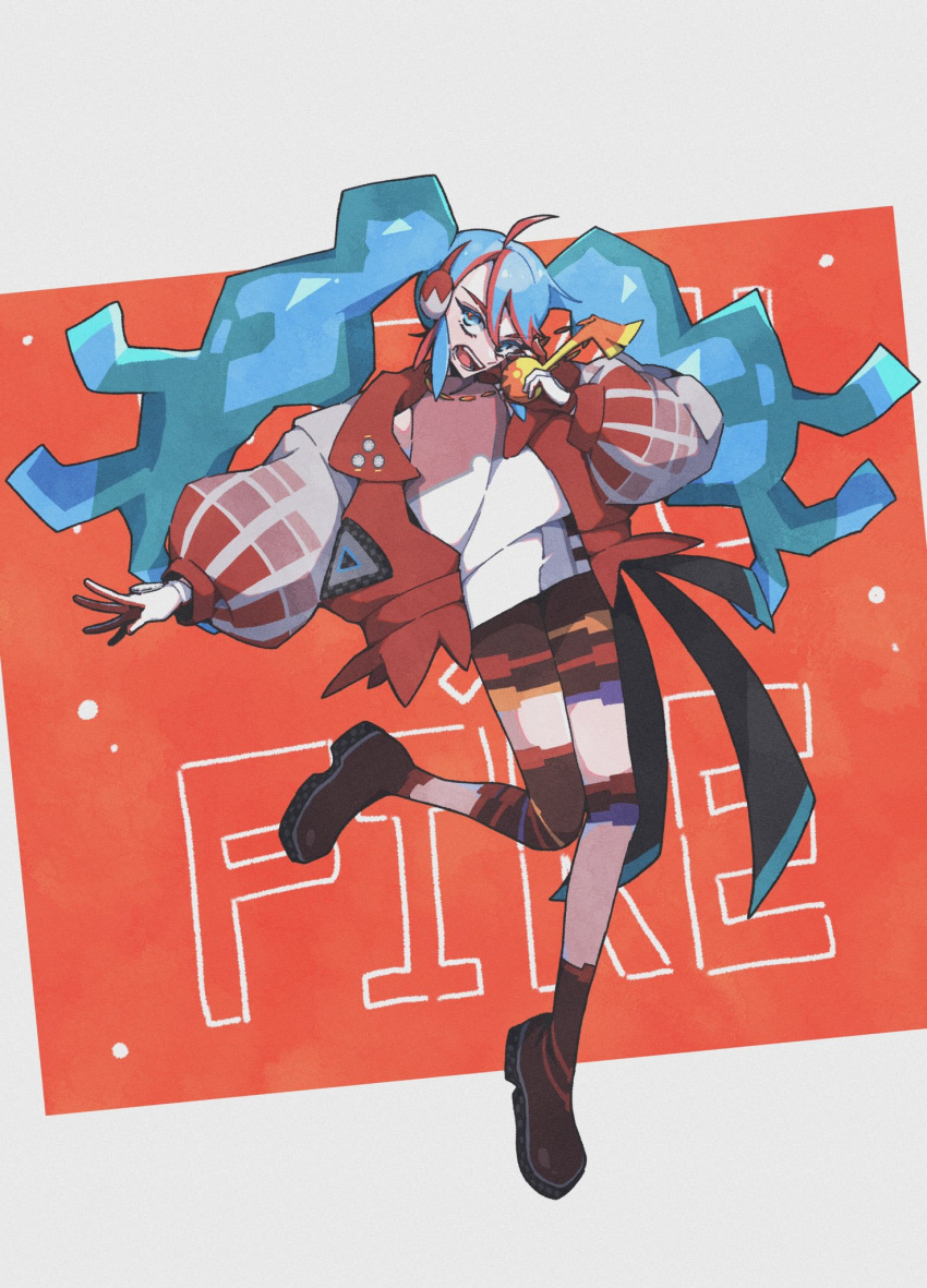 1girl blue_eyes blue_hair domidomi444 fire_miku_(project_voltage) hatsune_miku headphones highres jacket long_hair looking_at_viewer multicolored_clothes multicolored_jacket musical_note open_clothes open_jacket open_mouth poke_ball_print pokemon project_voltage puffy_sleeves shirt twintails two-tone_gloves two-tone_jacket very_long_hair vocaloid