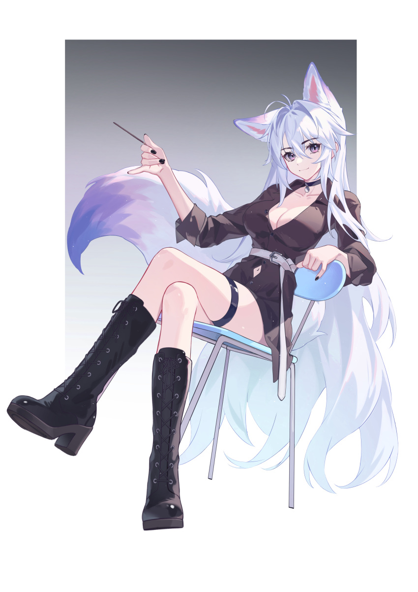 1girl absurdres animal_ears antenna_hair belt black_choker black_footwear black_nails black_shirt boots border breasts chair choker cleavage clothing_cutout collarbone crossed_legs extra_ears fox_ears fox_girl fox_tail gradient_background grey_background grey_hair hair_between_eyes highres holding holding_stick kirby_d_a knee_boots large_breasts leaning_back long_hair long_sleeves looking_at_viewer navel_cutout original pendant_choker pink_eyes shirt sidelocks simple_background sitting smile solo stick tail thigh_strap very_long_hair white_belt white_border