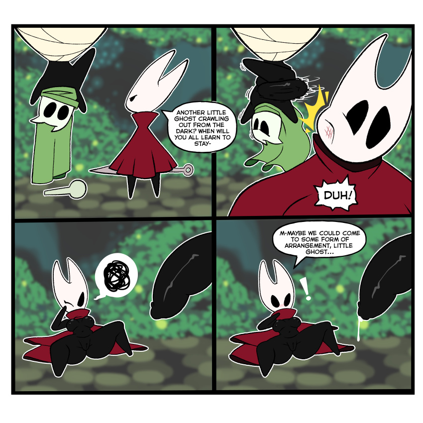 4_panel_comic absurd_res bodily_fluids cloak clothing dialogue duo female genital_fluids hi_res hollow_knight hornet_(hollow_knight) leaking_precum male male/female monamania nude penis_slap precum restrained_legs slap tagme team_cherry the_wanderer_(msignmeup) vessel_(species) weapon