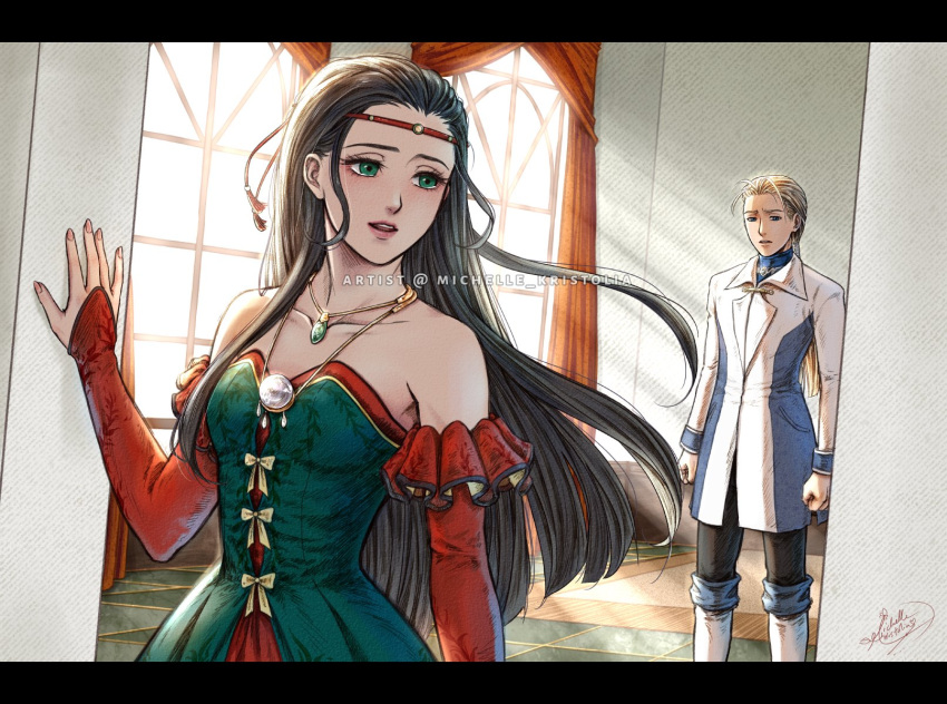 1boy 1girl black_hair blonde_hair couple dress gensou_suikoden gensou_suikoden_ii green_eyes highres jillia_blight jowy_atreides-blight long_hair michelle_kristolia ponytail red_dress sad tearing_up