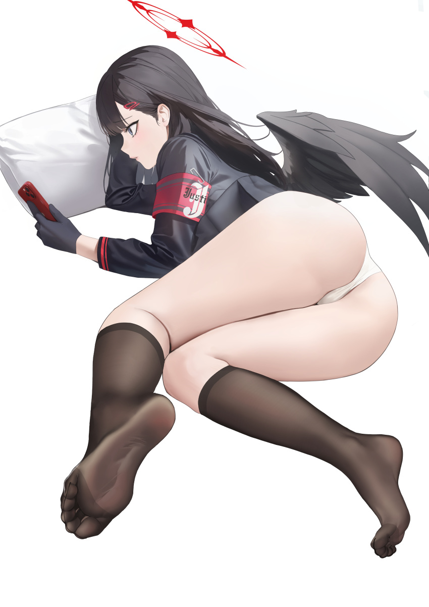 1girl abab_xiaxia absurdres armband ass black_feathers black_gloves black_hair black_shirt black_socks black_wings blue_archive cellphone feathered_wings feathers gloves grey_eyes hair_ornament hairclip halo highres holding holding_phone ichika_(blue_archive) long_hair long_sleeves looking_at_phone low_wings lying on_side panties phone pillow red_armband shirt simple_background smartphone socks solo underwear white_background white_panties wings