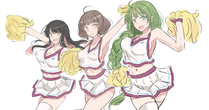 3girls absurdres ahoge black_hair blue_eyes blunt_bangs braid breasts brown_eyes brown_hair cheerleader colored_inner_hair crop_top green_hair highres holding holding_pom_poms kantai_collection ken_(shutenndouji1) kishinami_(kancolle) large_breasts long_hair matching_outfits medium_breasts mole mole_under_mouth multicolored_hair multiple_girls naganami_(kancolle) navel pink_hair pom_pom_(cheerleading) short_hair simple_background single_braid skirt thighhighs two-tone_hair very_long_hair wavy_hair white_background white_skirt white_thighhighs yuugumo_(kancolle)