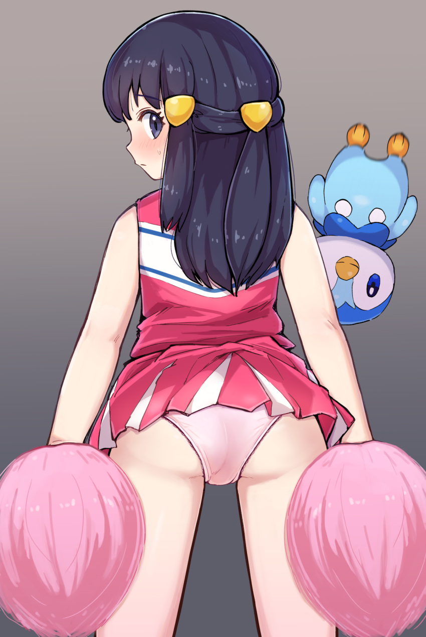 1girl black_hair blush cheerleader closed_mouth clothes_lift commentary_request dawn_(pokemon) eyelashes grey_background grey_eyes hair_ornament hairclip highres holding holding_pom_poms kutabireta_neko long_hair looking_back panties pink_panties pink_shirt pink_skirt piplup pokemon pokemon_(anime) pokemon_(creature) pokemon_dppt_(anime) pom_pom_(cheerleading) shirt sidelocks skirt skirt_lift sleeveless sleeveless_shirt sweatdrop underwear