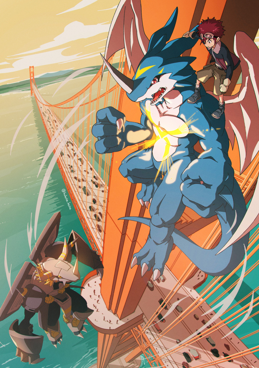 1boy 2others armor black_jacket blackwargreymon bridge brown_gloves brown_hair brown_shorts claws clenched_hands cloud digimon digimon_(creature) dragon flying fur-trimmed_jacket fur_trim gloves goggles goggles_on_head highres jacket kubota_keita motomiya_daisuke multiple_others open_clothes open_jacket open_mouth outdoors shirt shoes short_hair shorts sky suspension_bridge tail water white_shirt wings xv-mon yellow_sky
