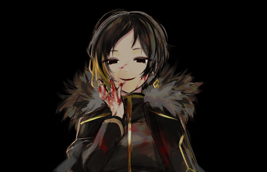 1girl binah_(project_moon) black_cape black_dress black_eyes black_hair blonde_hair blood blood_on_clothes blood_on_face blood_on_hands cape dress earrings empty_eyes evil_smile fur-trimmed_cape fur_trim gold_trim hand_up highres jewelry lobotomy_corporation multicolored_hair project_moon single_earring smile solo two-tone_hair upper_body y_o_u_k_a