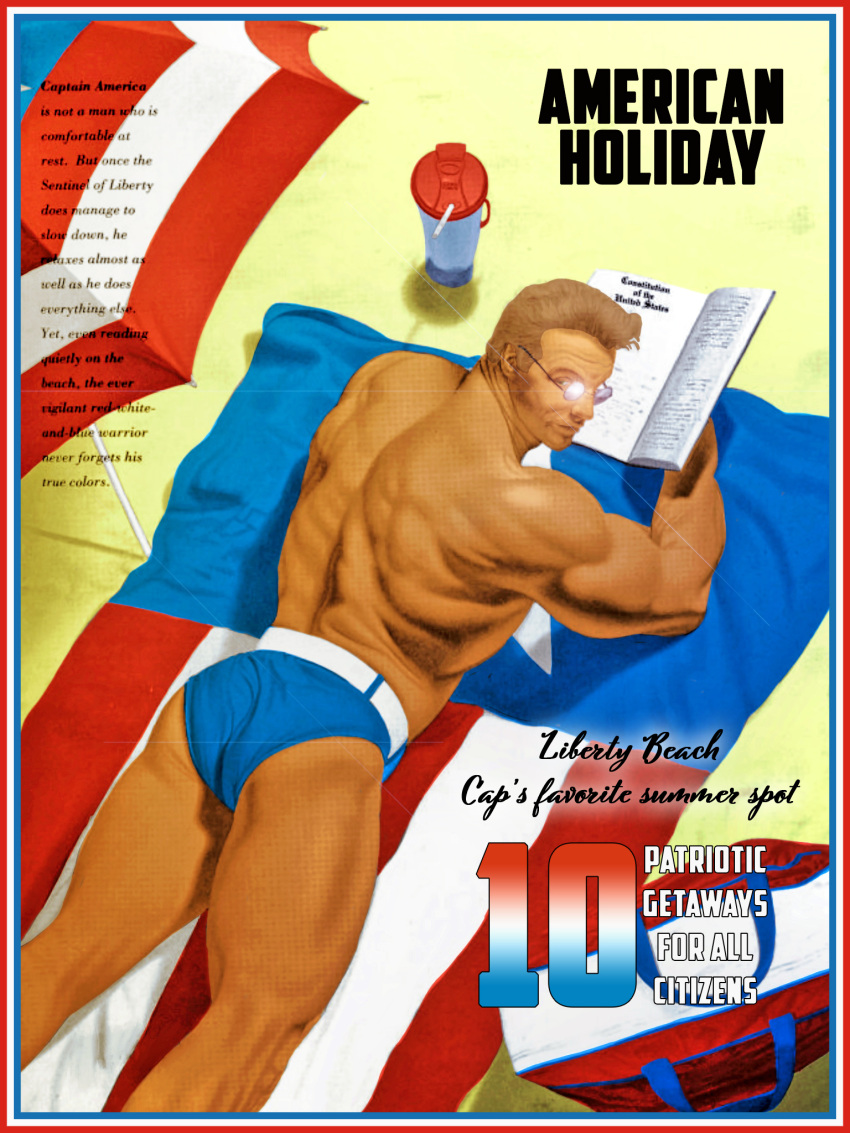 1boy alternate_costume american_flag ass ass_focus bara beach beach_towel beach_umbrella blue_male_underwear book captain_america christophersean colored_eyelashes cowboy_shot english_commentary english_text glasses highres male_focus male_underwear marvel marvel_cinematic_universe muscular outdoors reading solo steve_rogers sun_glare thermos topless_male towel umbrella underwear western_comics_(style)