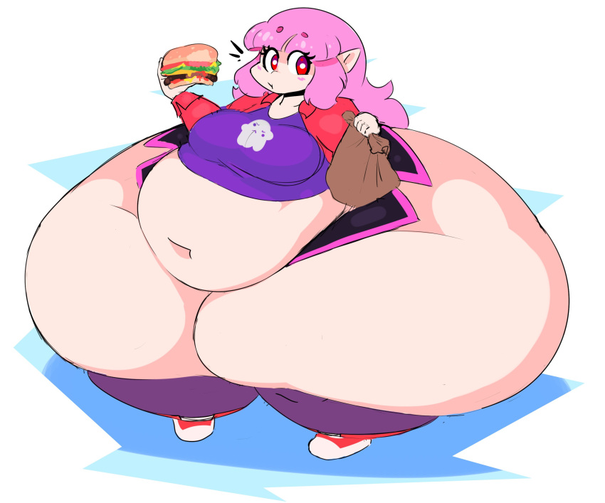 absurd_res belly big_belly big_breasts big_butt bottom_heavy bottomwear breasts burger butt clothing elise_(mysterydad) female food footwear hair hi_res huge_butt huge_thighs humanoid humanoid_pointy_ears hyper hyper_butt hyper_thighs looking_aside mysterydad navel not_furry obese obese_female obese_humanoid overweight overweight_female overweight_humanoid pink_hair red_eyes shirt shoes solo standing thick_thighs topwear vampire