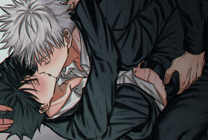 2boys arm_around_neck belt black_hair black_jacket black_pants blush closed_eyes couple french_kiss full-face_blush fushiguro_megumi fushirun_rung gojou_satoru hand_on_another's_head highres jacket jujutsu_kaisen kiss korean_commentary long_sleeves multiple_boys pants shirt short_hair spiked_hair white_hair yaoi