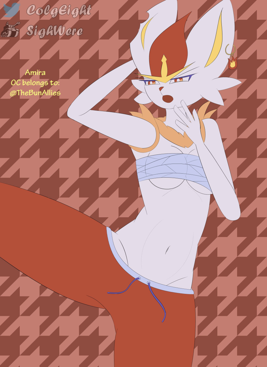 absurd_res amira_o'neil anthro bandage bandaged_chest bottomwear breasts cinderace clothing colgeight ear_piercing english_text female fire generation_8_pokemon hair hi_res navel nintendo notched_ear pants piercing pokemon pokemon_(species) red_eyes red_hair solo text white_body