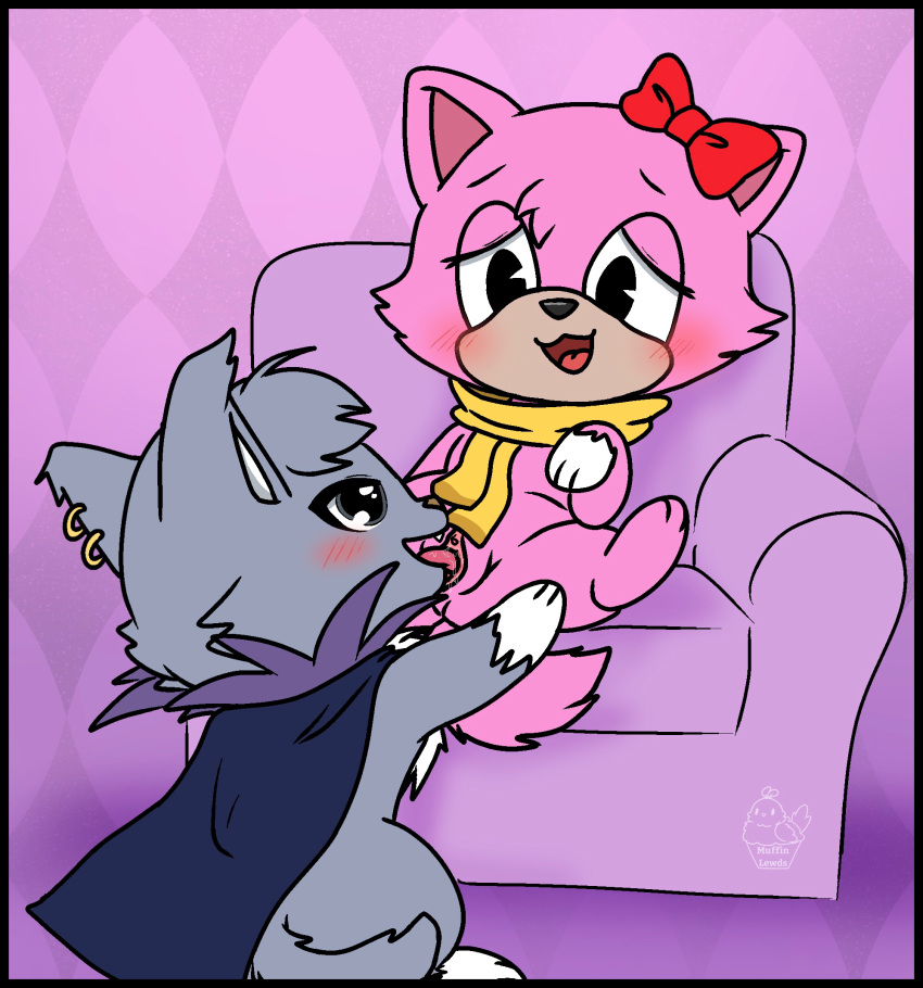 anthro blush chibi clothing cunnilingus dian_(jewelpet) digital_drawing_(artwork) digital_media_(artwork) domestic_cat duo ear_piercing felid feline felis female feral fur furniture genitals hi_res jewelpet jewelry kemono maine_coon male male/female mammal muffinlewds nude on_sofa oral pancake_(toontown) piercing pink_body pink_fur ribbons sanrio scarf sex simple_background smile sofa tongue toontown_corporate_clash toontown_online toony vaginal