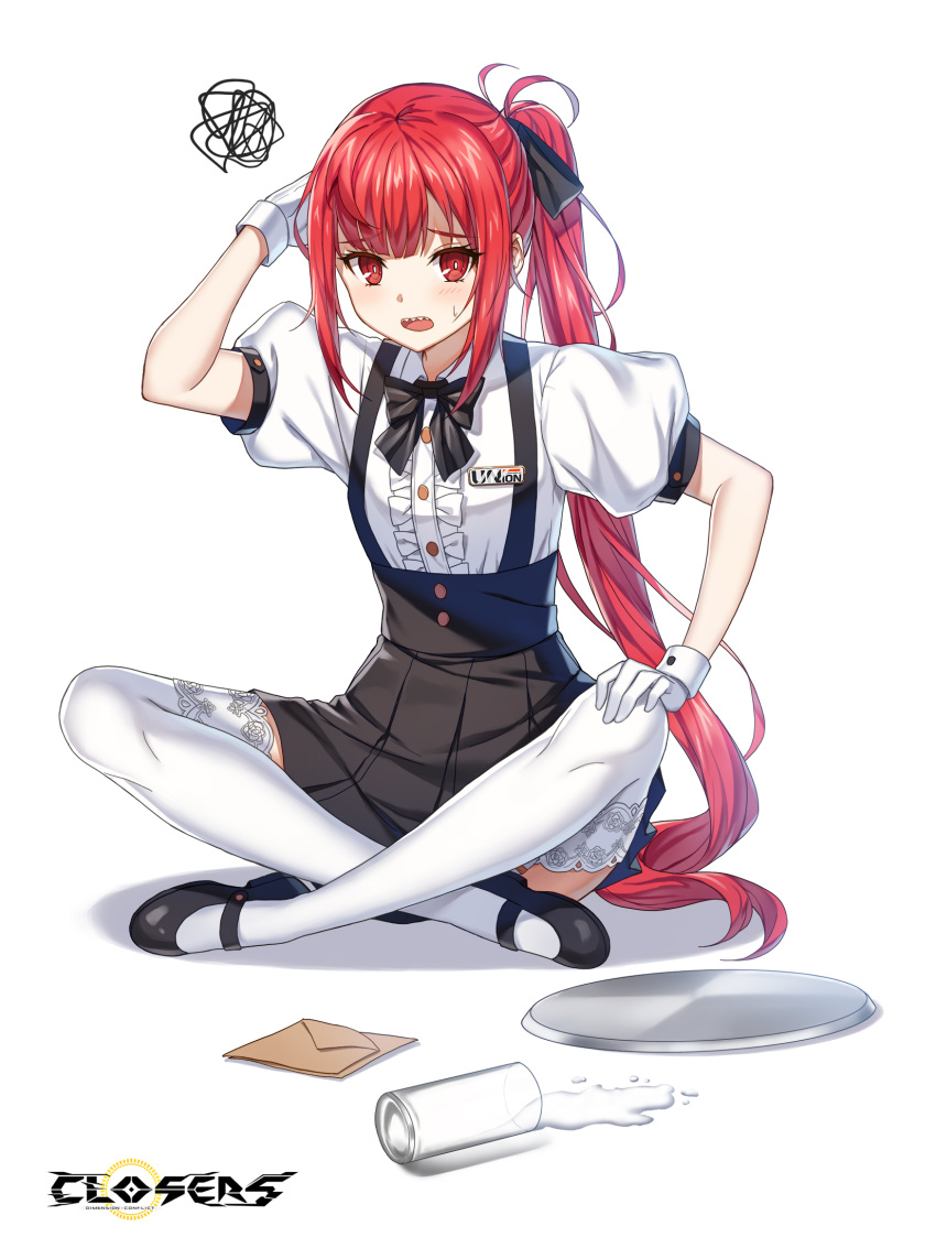 1girl :o badge black_bow black_bowtie black_footwear black_skirt blush bow bowtie breasts bright_pupils center_frills closers collared_shirt copyright_name crossed_ankles cup drinking_glass frills full_body furrowed_brow garter_straps gloves hair_bow hand_on_own_head hand_on_own_knee hand_up high-waist_skirt highres indian_style lace-trimmed_thighhighs logo long_hair looking_at_viewer mary_janes miniskirt official_art open_mouth pleated_skirt ponytail puffy_short_sleeves puffy_sleeves rag red_eyes red_hair seth_(closers) sharp_teeth shirt shoes short_sleeves sidelocks sitting skirt small_breasts solo spill squiggle suspender_skirt suspenders sweatdrop tachi-e teeth thighhighs tray underbust upper_teeth_only very_long_hair waitress water white_background white_gloves white_pupils white_shirt white_thighhighs zettai_ryouiki
