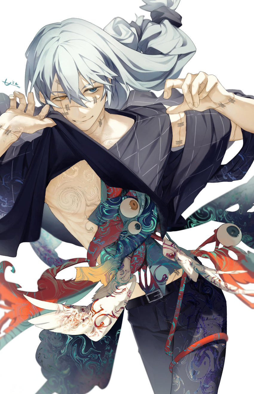 1boy absurdres air_(ai_r_) arm_tattoo belt black_belt black_pants black_shirt blue_eyes chest_tattoo clothes_lift extra_eyes facial_mark fingernails floating_hair grey_eyes grey_hair hair_between_eyes hand_tattoo heterochromia highres jujutsu_kaisen long_hair looking_to_the_side mahito_(jujutsu_kaisen) male_focus pants patterned_clothing shirt shirt_lift short_sleeves simple_background smile solo standing stitched_arm stitched_face stitched_hand stitched_neck stitches striped striped_shirt tattoo torn_sleeve white_background