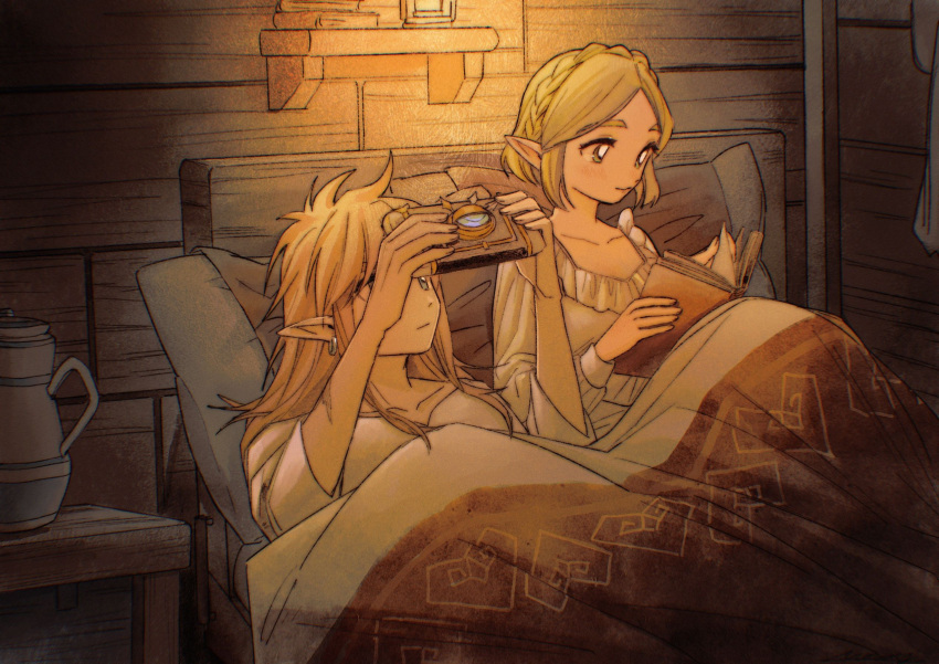 1boy 1girl bed bedroom blanket blonde_hair book book_stack braid chinese_commentary commentary_request crown_braid earrings green_eyes highres holding holding_book indoors jewelry jug_(bottle) lantern link long_hair long_sleeves mouyi nightgown nightstand on_bed open_book pillow pointy_ears princess_zelda reading scar scar_on_arm shared_blanket sheikah_slate shelf shirt short_hair smile table the_legend_of_zelda the_legend_of_zelda:_tears_of_the_kingdom under_covers white_nightgown white_shirt wooden_table wooden_wall