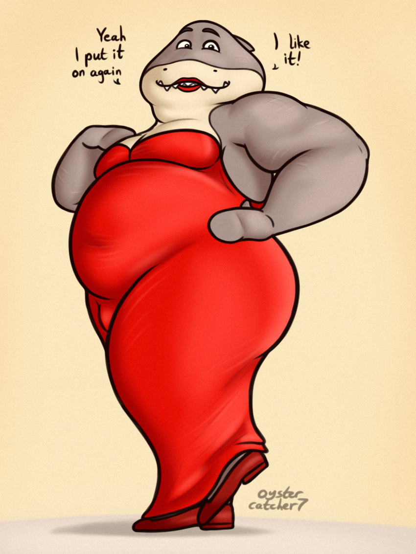2023 anthro belly big_belly breasts cleavage clenched_teeth clothed clothing crossdressing dialogue dreamworks dress fangs fish footwear hand_on_hip hi_res lipstick looking_at_viewer makeup male marine moobs mr._shark_(the_bad_guys) obese obese_anthro obese_male overweight overweight_anthro overweight_male oystercatcher7 pose raised_leg red_clothing red_dress red_footwear red_shoes scales shark shoes signature smile smiling_at_viewer solo standing talking_to_viewer teeth text the_bad_guys