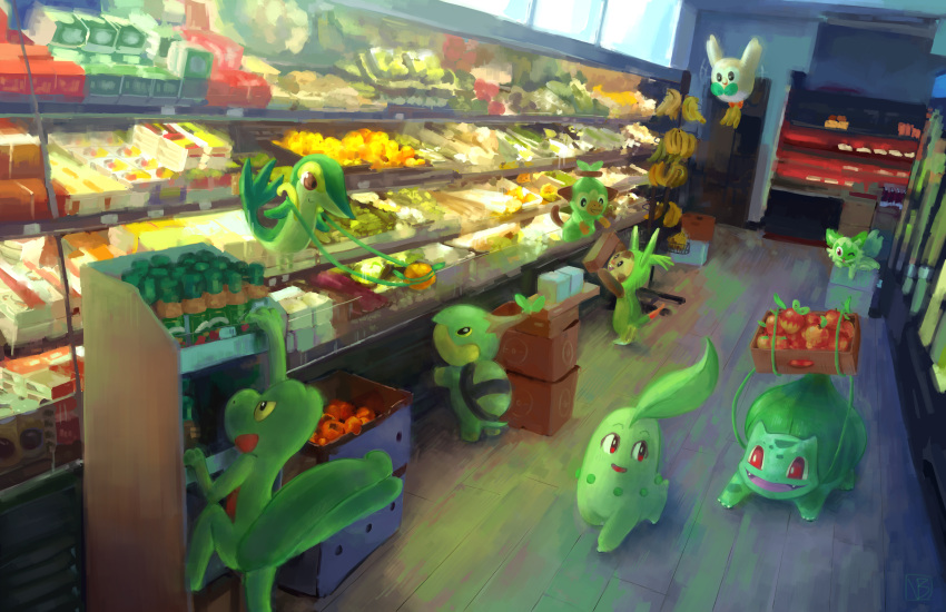 +++ :d absurdres applin banana bright_pupils bulbasaur chespin chikorita commentary fangs food fruit grookey highres holding indoors open_mouth plant pokemon red_eyes rowlet shop shopping smile snivy sprigatito standing treecko turtwig vines vinoburrito walking white_pupils wooden_floor