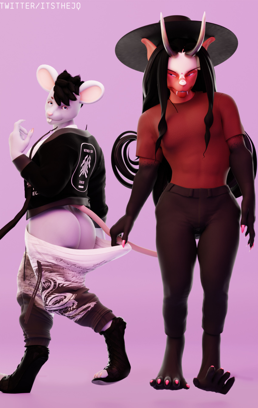 2023 3d_(artwork) anthro assisted_exposure baggy_clothing barefoot big_butt big_ears big_feet big_hands big_hat big_pecs black_bottomwear black_clothing black_hair black_pants blender_(software) blender_cycles blue_eyes bottomwear bottomwear_down brown_eyebrows brown_eyelashes bubble_butt buckteeth butt butt_cleavage cain_(itsthejq) chimera clothed clothing colored_nails curled_hair curvy_figure digital_media_(artwork) dragon_tail duo eyebrows facial_markings fangs feet floating_eyebrows footwear forced forced_exposure giovanni_(itsthejq) grey_body grey_skin hair hat head_markings headgear headwear hi_res holding_tail horn itsthejq jacket logo long_nails looking_at_another male male/male mammal markings multicolored_body multicolored_hair murid murine muscular muscular_male muscular_thighs nails open_clothing open_jacket open_topwear pants pants_down partially_clothed paws pecs pink_nails pose pulling_pants_down purple_eyes rat red_body red_clothing red_shirt red_topwear rodent scalie shirt shoes simple_background slacks slightly_chubby sneakers sweatpants t-shirt tail talons teeth text thick_thighs tight_clothing tight_shirt tight_topwear toeless_footwear topwear url wavy_hair wide_eyed wide_hips
