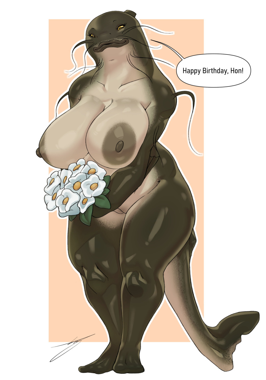 absurd_res anthro areola big_breasts breasts catfish english_text female fish flower genitals happy_birthday hb-viper hi_res league_of_legends marine nipples nude plant pussy riot_games simple_background smile solo text