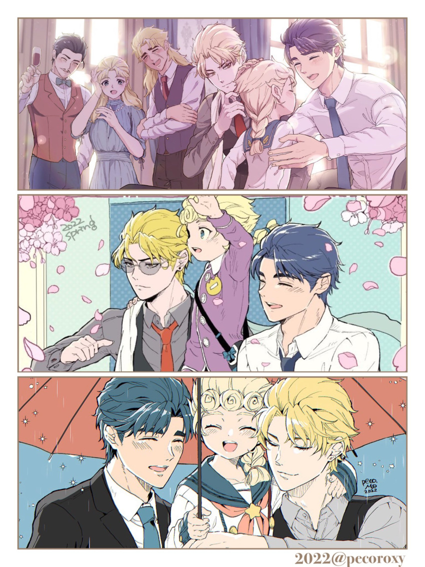 3boys aged_down blonde_hair blue_hair cherry_blossoms child dio_brando erina_pendleton family father_and_son giorno_giovanna highres jojo_no_kimyou_na_bouken jonathan_joestar morino_peko multiple_boys necktie phantom_blood robert_e._o._speedwagon sailor_collar suit umbrella vento_aureo will_anthonio_zeppeli