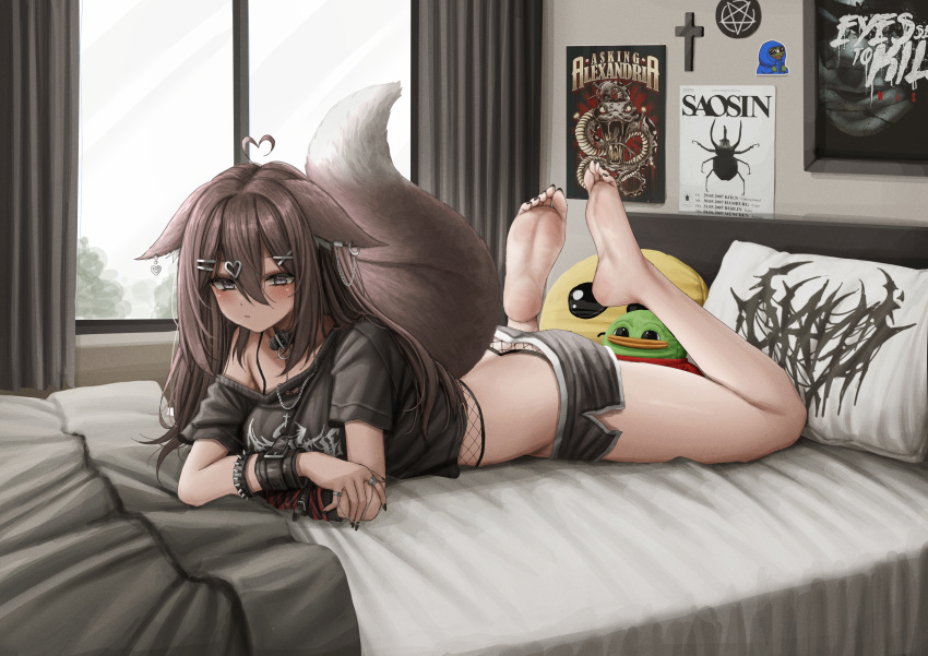 1girl absurdres ahoge animal_ear_fluff ass bare_legs barefoot bed_sheet beetle black_nails black_shirt black_shorts blanket blush bracelet breasts brown_eyes brown_hair bug collar commission cross feet_up fishnets full_body hair_ornament hairclip heart heart_ahoge heart_hair_ornament highres jewelry lobsteranian long_hair looking_at_viewer lying medium_breasts multiple_rings nail_polish off_shoulder on_bed on_stomach original pepe_the_frog pillow poster_(object) ring shirt short_shorts shorts single_bare_shoulder solo spiked_bracelet spikes tail toenail_polish toenails x_hair_ornament