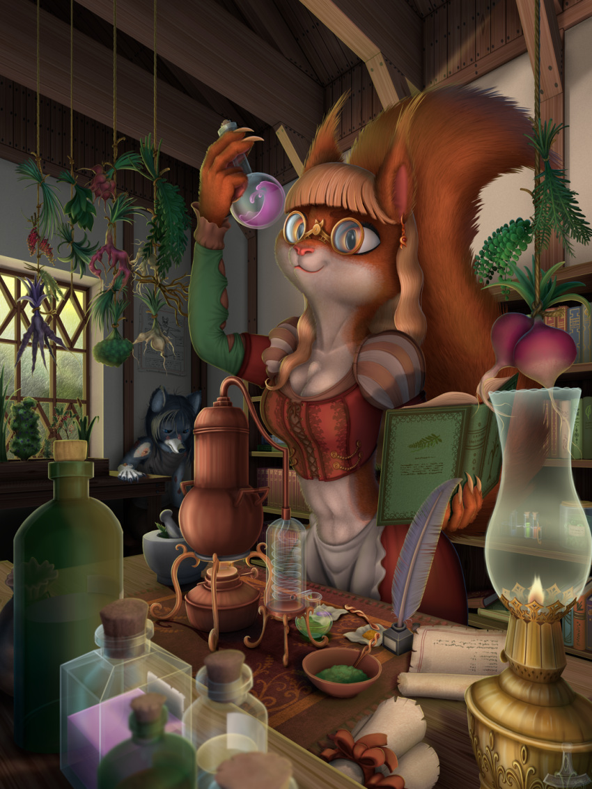 alchemist alchemy alembic amber_eyes anthro apothecary bangs black_hair blue_eyes book bookshelf bottle canid canine canis chair claws clothed clothing container corset cutlery detailed detailed_background detailed_fur digital_(artwork) duo ear_piercing ear_ring eyewear female fur furniture glasses grey_body grey_fur hair herbs hi_res ill kitchen_utensils lamp lingerie long_hair long_tail loose_feather male mammal mortar_and_pestle multicolored_body multicolored_fur oil_lamp on_chair orange_body orange_fur orange_tail piercing plant potion potion_bottle quill red_clothing ring_piercing rodent sciurid scroll signature sitting sitting_on_chair smile spoon standing tail tools topwear tree_squirrel two_tone_body two_tone_fur ukon_vasara wolf