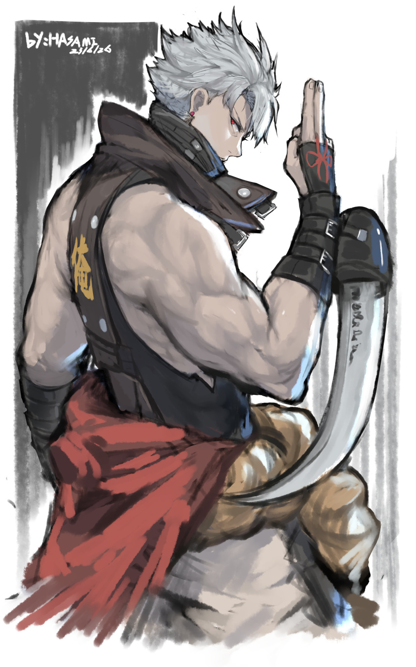 1boy absurdres artist_name chipp_zanuff dated earrings from_side grey_hair guilty_gear guilty_gear_strive hand_gesture highres hua_ha_jiazi jewelry looking_at_viewer muscular muscular_male ninja red_eyes rope rope_belt short_hair sideways_glance sleeveless solo