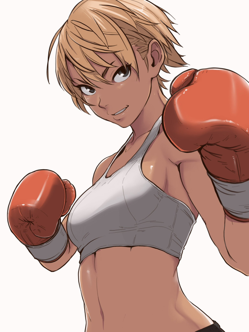 1girl bare_shoulders boxing_gloves breasts brown_hair collarbone commentary_request grey_background grey_eyes hair_between_eyes highres looking_at_viewer navel original parted_lips simple_background small_breasts solo testes thick_eyebrows upper_body v-shaped_eyebrows