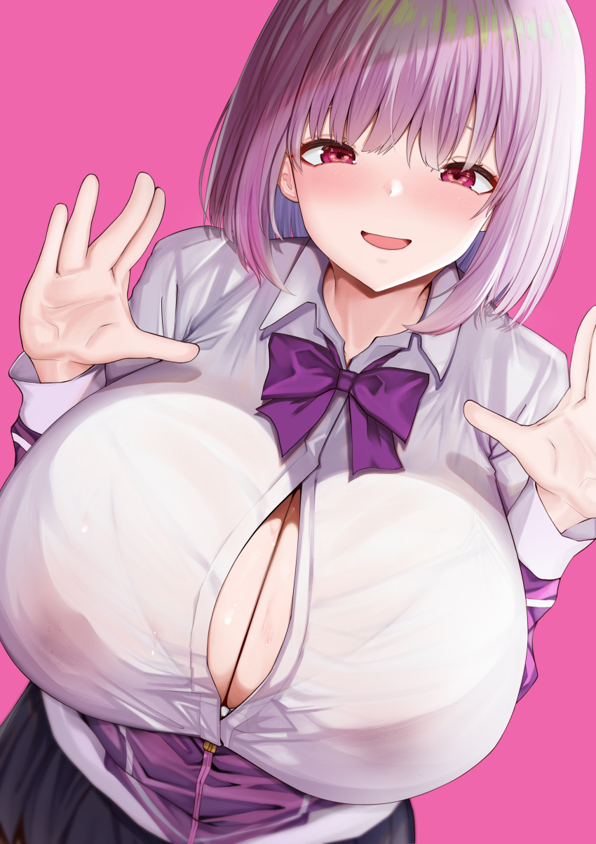 1girl absurdres black_skirt blush bob_cut bow bowtie breasts button_gap chomikuplus collared_shirt gridman_universe highres huge_breasts jacket leaning_forward long_bangs long_sleeves looking_at_viewer open_mouth pink_background pink_eyes purple_bow purple_bowtie purple_hair purple_jacket salute see-through see-through_shirt shinjou_akane shirt simple_background skirt smile solo ssss.gridman sweat vulcan_salute white_shirt