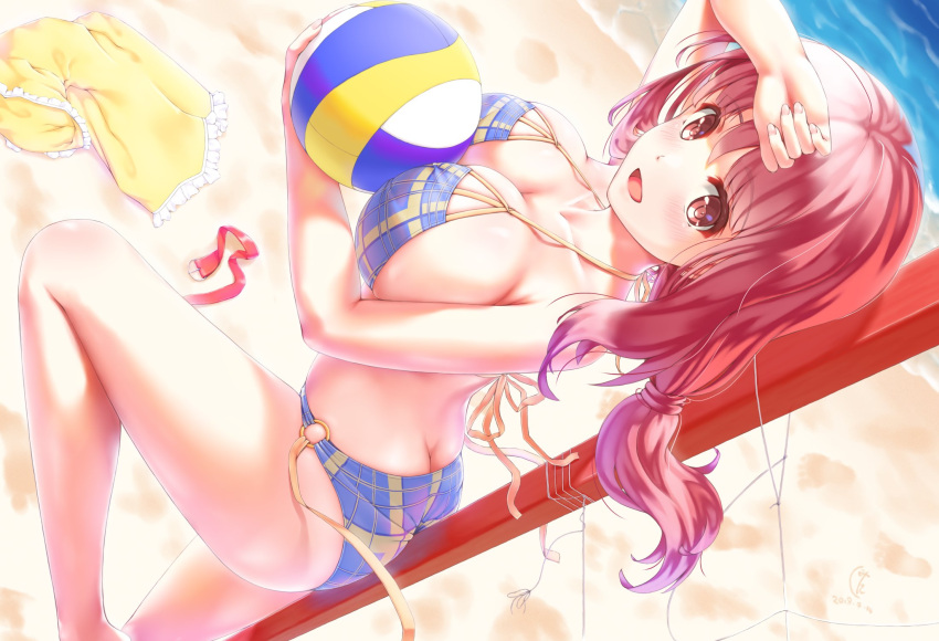 1girl :d ass beach beach_volleyball between_breasts bikini blue_bikini blush breast_press breasts brown_eyes brown_hair butt_crack cleavage clothes_removed commentary_request deep_skin dutch_angle etsunami_kumita feet_out_of_frame from_side halterneck harukana_receive highres large_breasts long_hair looking_at_viewer low-tied_long_hair o-ring o-ring_bikini o-ring_bottom oozora_haruka_(harukana_receive) open_mouth sand skindentation smile solo strap_gap swimsuit volleyball_net water