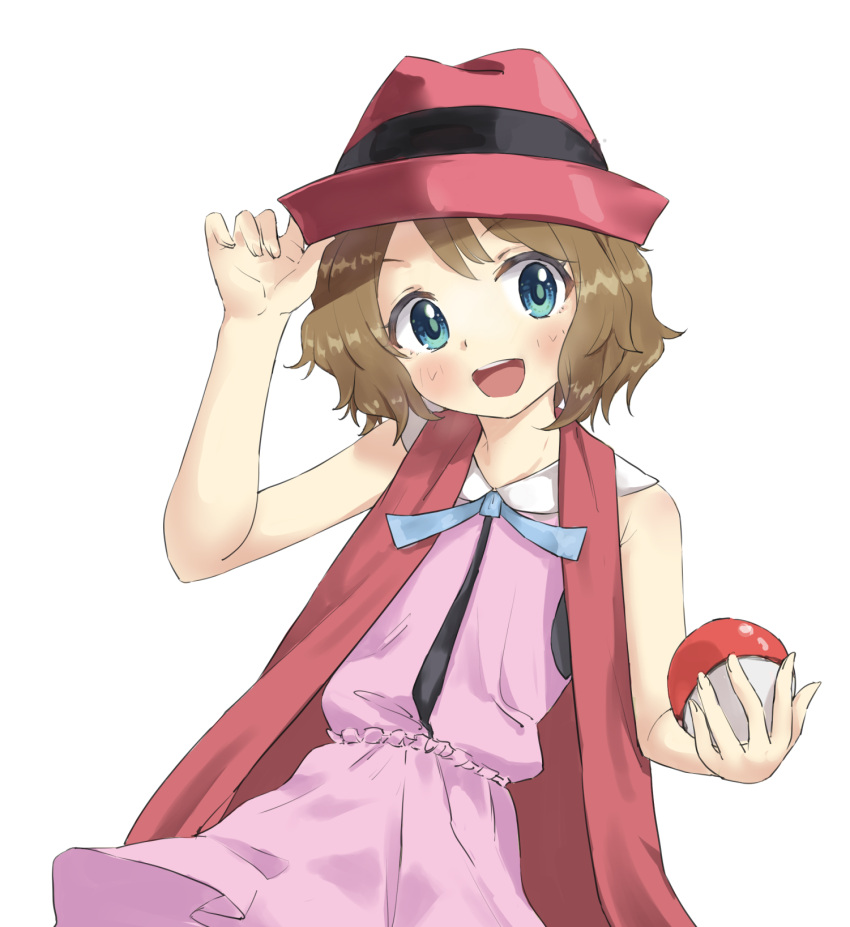 1girl aqua_eyes bare_arms blue_ribbon blush brown_hair commentary_request dress fukafuka_(tenjo212) hand_on_headwear hand_up hat highres holding holding_poke_ball looking_at_viewer medium_hair neck_ribbon open_mouth pink_dress pink_headwear poke_ball poke_ball_(basic) pokemon pokemon_(anime) pokemon_xy_(anime) ribbon serena_(pokemon) solo teeth tongue upper_teeth_only