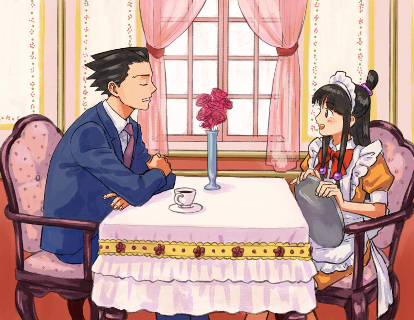 1boy 1girl :d ace_attorney apron armchair back_bow beads black_hair blue_jacket blue_pants blue_suit blunt_bangs bouquet bow bowtie chair clenched_teeth closed_eyes collared_dress collared_shirt curtains dress flower frilled_apron frills hair_beads hair_ornament highres holding holding_tray indoors jacket lapels long_hair long_sleeves looking_at_another low_tied_sidelocks maid maid_apron maid_headdress maya_fey necktie open_mouth orange_dress pants phoenix_wright pink_flower pink_necktie profile puffy_short_sleeves puffy_sleeves red_bow red_bowtie renshu_usodayo rose shirt short_dress short_hair short_sleeves sitting smile spiked_hair suit suit_jacket table teeth topknot tray tres_bien_maid_uniform vase white_apron white_bow white_shirt window