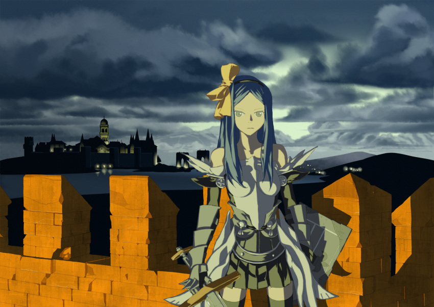 1girl black_gloves black_hairband black_skirt black_thighhighs blue_hair boobplate bow brick_wall castle closed_mouth cloud cloudy_sky commentary_request cowboy_shot cross elbow_gloves expressionless fuhak gauntlets gloves grey_eyes hair_bow hairband highres holding holding_shield holding_sword holding_weapon long_hair looking_at_viewer lord_knight_(ragnarok_online) miniskirt mountainous_horizon outdoors parted_bangs ragnarok_online shield sidelocks skirt sky solo spiked_gauntlets sunset sword thighhighs weapon yellow_bow