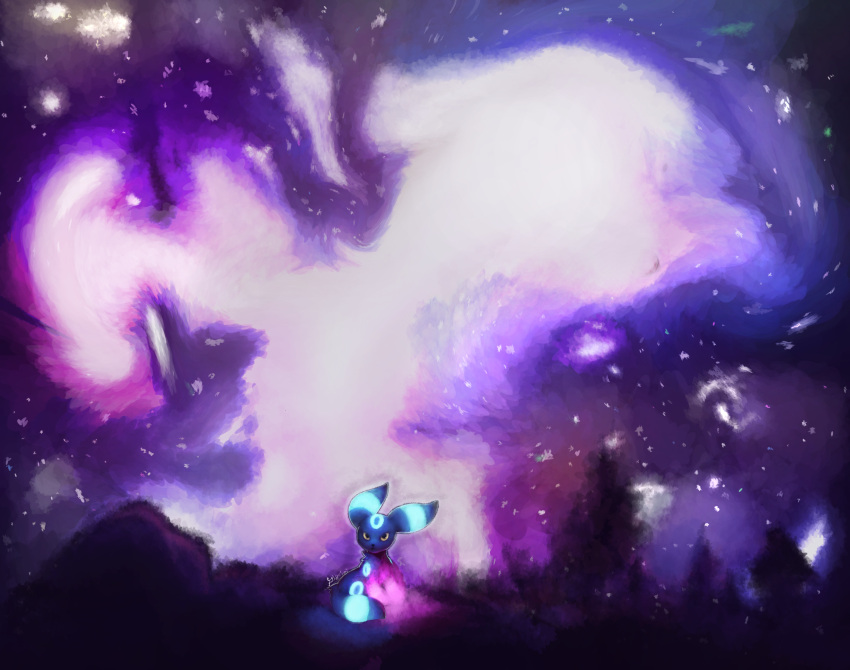 absurd_res ambiguous_gender bioluminescence black_body black_fur blue_body blue_fur canid canine cosmic_background detailed_background digital_media_(artwork) digital_painting_(artwork) eeveelution feral fur galaxy generation_2_pokemon glowing glowing_paws gottabekittenme hi_res looking_at_viewer mammal nintendo paws pokemon pokemon_(species) shiny_pokemon solo umbreon watermark yellow_eyes