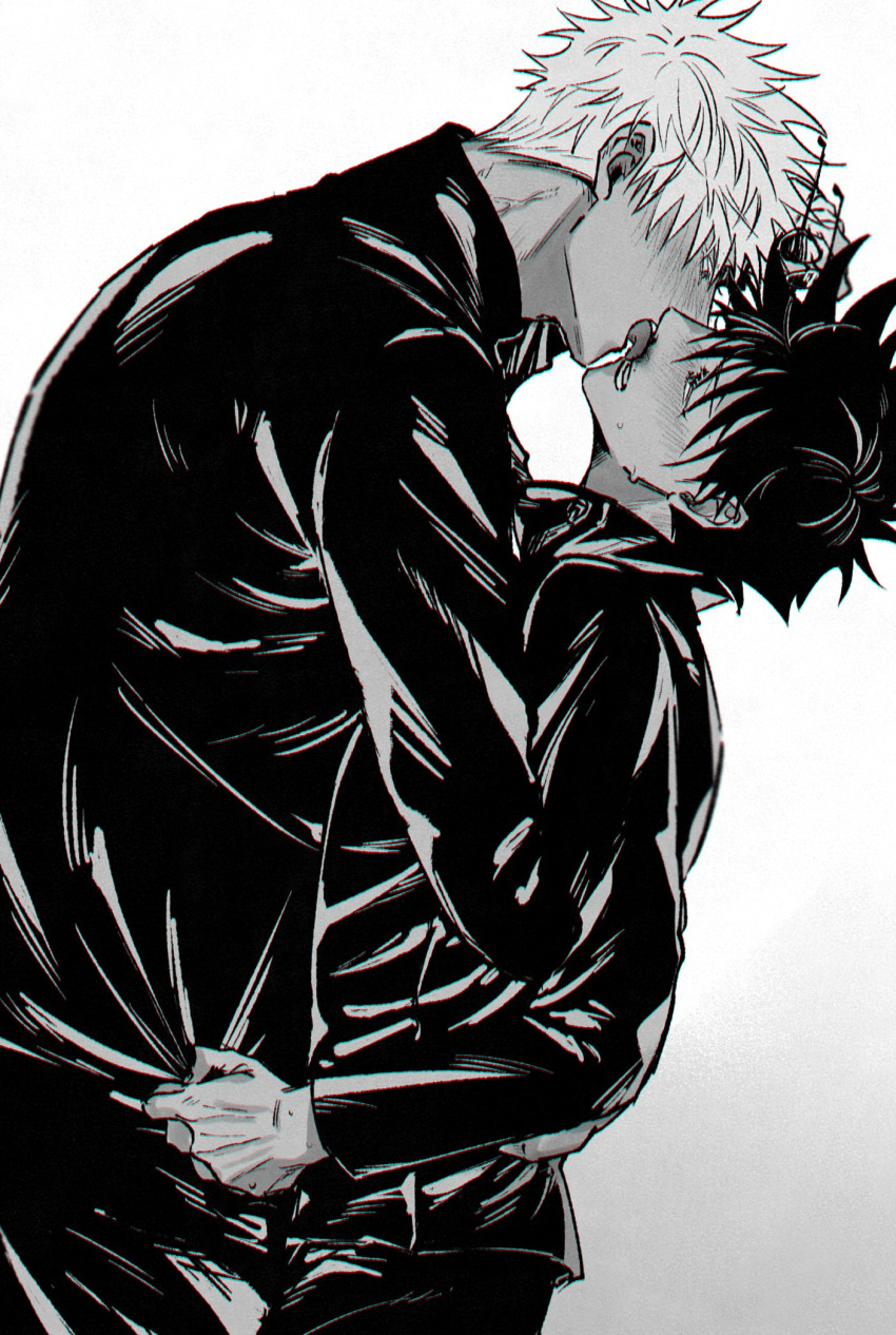 2boys blood blush buttons eye_contact eyewear_removed fushiguro_megumi fushirun_rung gojou_satoru height_difference high_collar highres holding holding_removed_eyewear jacket jujutsu_kaisen korean_commentary licking licking_another's_face licking_blood long_sleeves looking_at_another male_focus monochrome multiple_boys nosebleed pants school_uniform short_hair sweatdrop teeth tongue tongue_out yaoi