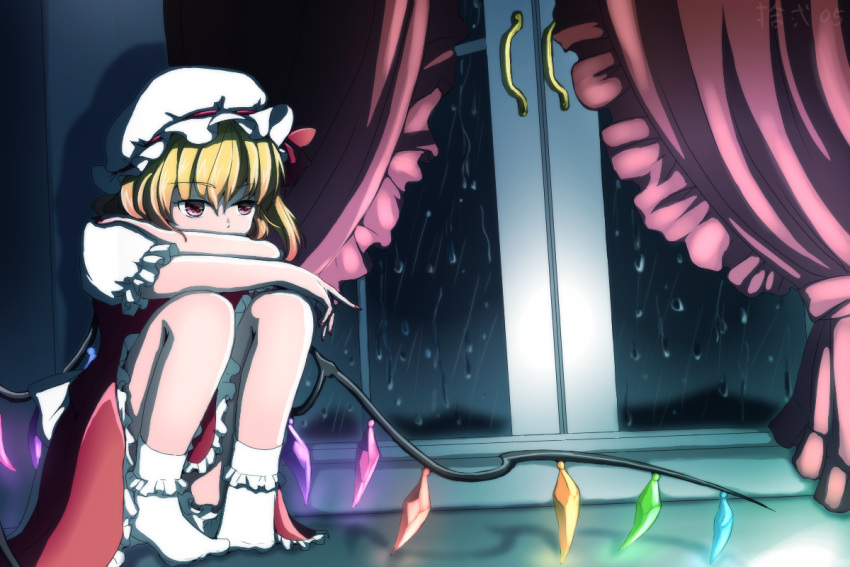 1girl back_bow blonde_hair bobby_socks bow covered_mouth flandre_scarlet frilled_skirt frilled_sleeves frills full_body glowing glowing_wings hat hat_ribbon indoors juuni_05 knees_up medium_hair mob_cap multicolored_wings night no_shoes puffy_short_sleeves puffy_sleeves rain red_curtains red_eyes red_ribbon red_skirt red_vest ribbon ribbon-trimmed_headwear ribbon_trim shirt short_sleeves skirt socks solo touhou vest white_bow white_headwear white_shirt window windowsill wings