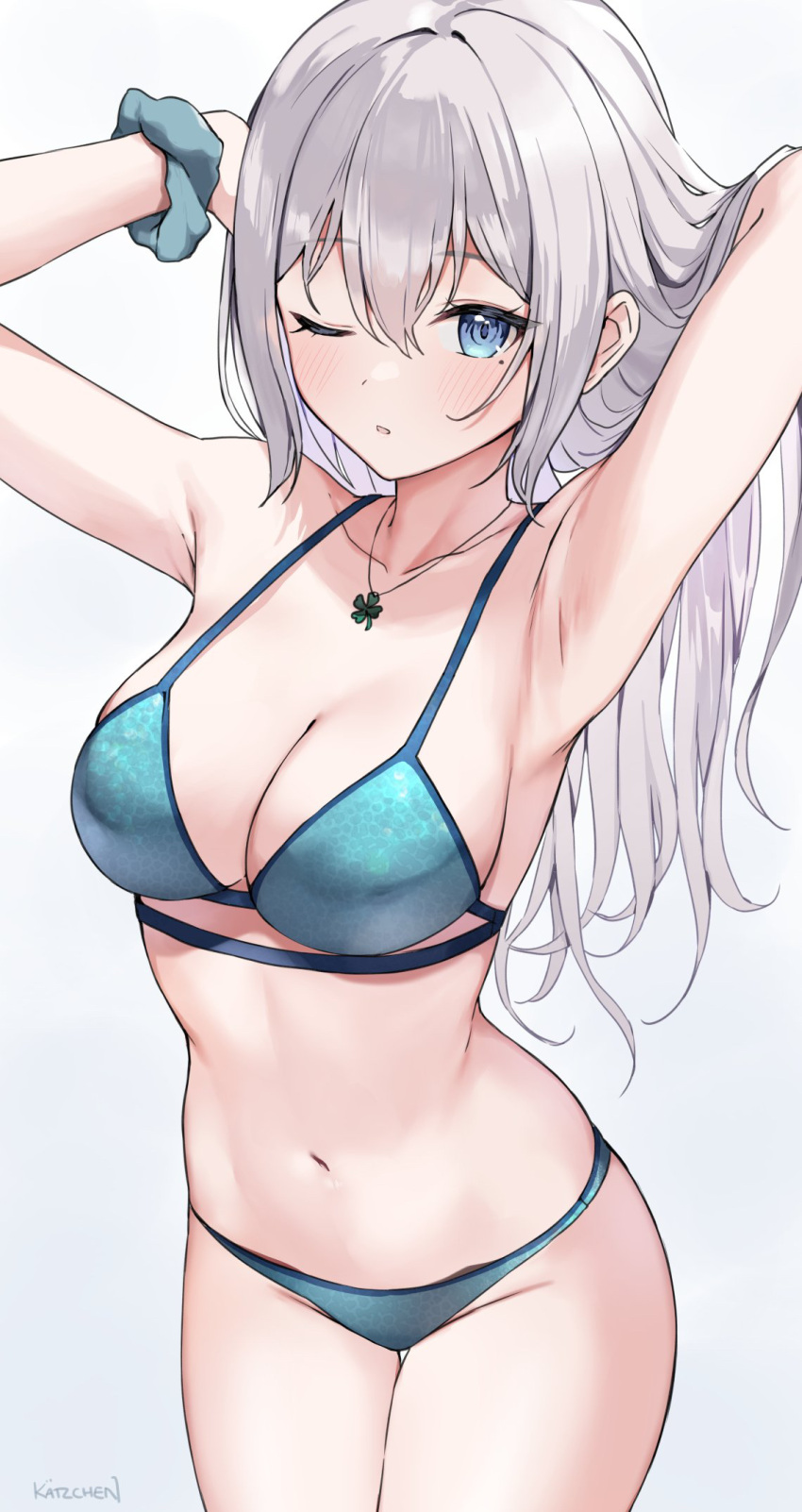 1girl ;o armpits arms_behind_head arms_up artist_name bare_arms bare_shoulders bikini blue_bikini blue_eyes borrowed_character breasts cleavage collarbone cowboy_shot four-leaf_clover_necklace hand_in_own_hair highres jewelry kaetzchen long_hair looking_at_viewer medium_breasts mole mole_under_eye navel necklace one_eye_closed original parted_lips sanyu_(ry_thae) scrunchie simple_background solo standing stomach strap_gap string_bikini swimsuit thigh_gap thighs white_background white_hair wrist_scrunchie