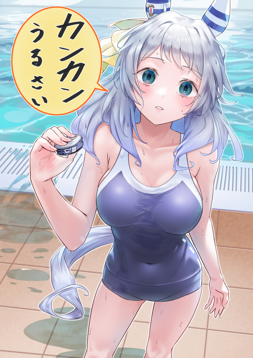 1girl animal_ears blue_eyes blue_hair blue_one-piece_swimsuit blush bow breasts can collarbone ear_covers empty_eyes flattened grate hair_bow highres hishi_miracle_(umamusume) holding holding_can horse_ears horse_girl horse_tail large_breasts light_blue_hair nabe_puyo one-piece_swimsuit pool solo speech_bubble swimsuit tail umamusume wet
