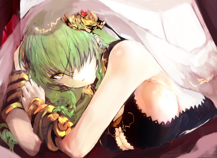 1girl agulo breasts cleavage commentary_request green_hair hair_ornament hair_over_one_eye highres hornet_(rance) large_breasts looking_at_viewer lying on_stomach one_eye_covered rance_(series) rance_10 sideboob solo