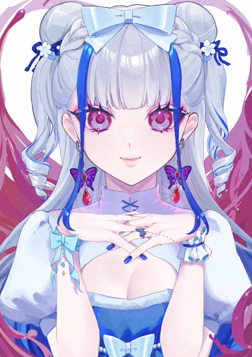 1girl aizuki_sui aqua_bow blue_dress blue_hair blue_nails blue_ribbon bow breasts butterfly_earrings butterfly_ring cleavage commentary double_bun dress drill_hair earrings hair_bun hands_up highres jewelry lips looking_at_viewer multicolored_hair original own_hands_together puffy_short_sleeves puffy_sleeves purple_eyes ribbon ring shirt short_sleeves simple_background single_wrist_cuff smile solo twin_drills two-tone_hair upper_body waist_bow white_background white_hair white_shirt wrist_bow wrist_cuffs