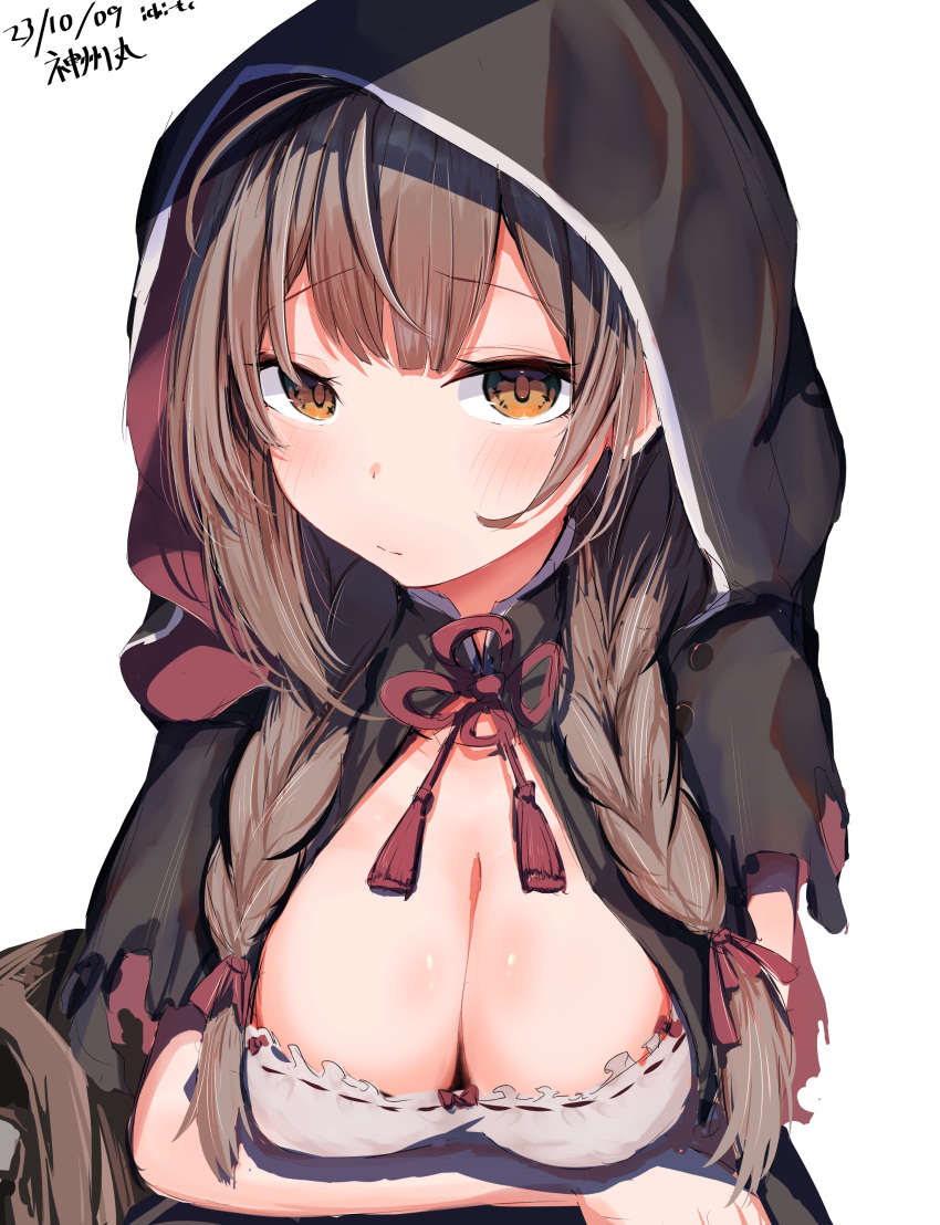 1girl absurdres black_capelet braid breasts brown_eyes brown_hair capelet character_name cleavage dated frilled_shirt frills highres hood hooded_capelet kantai_collection large_breasts mok4suke shinshuu_maru_(kancolle) shirt solo twin_braids upper_body