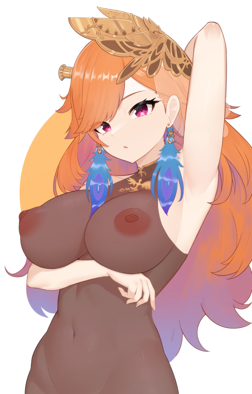 1girl absurdres armpits breasts cleavage covered_collarbone earrings feather_earrings feathers gradient_hair highres hololive hololive_english jewelry large_breasts long_hair looking_at_viewer moursho multicolored_hair navel nipples official_alternate_costume orange_hair phoenix_wings purple_eyes see-through see-through_cleavage solo takanashi_kiara takanashi_kiara_(3rd_costume) virtual_youtuber