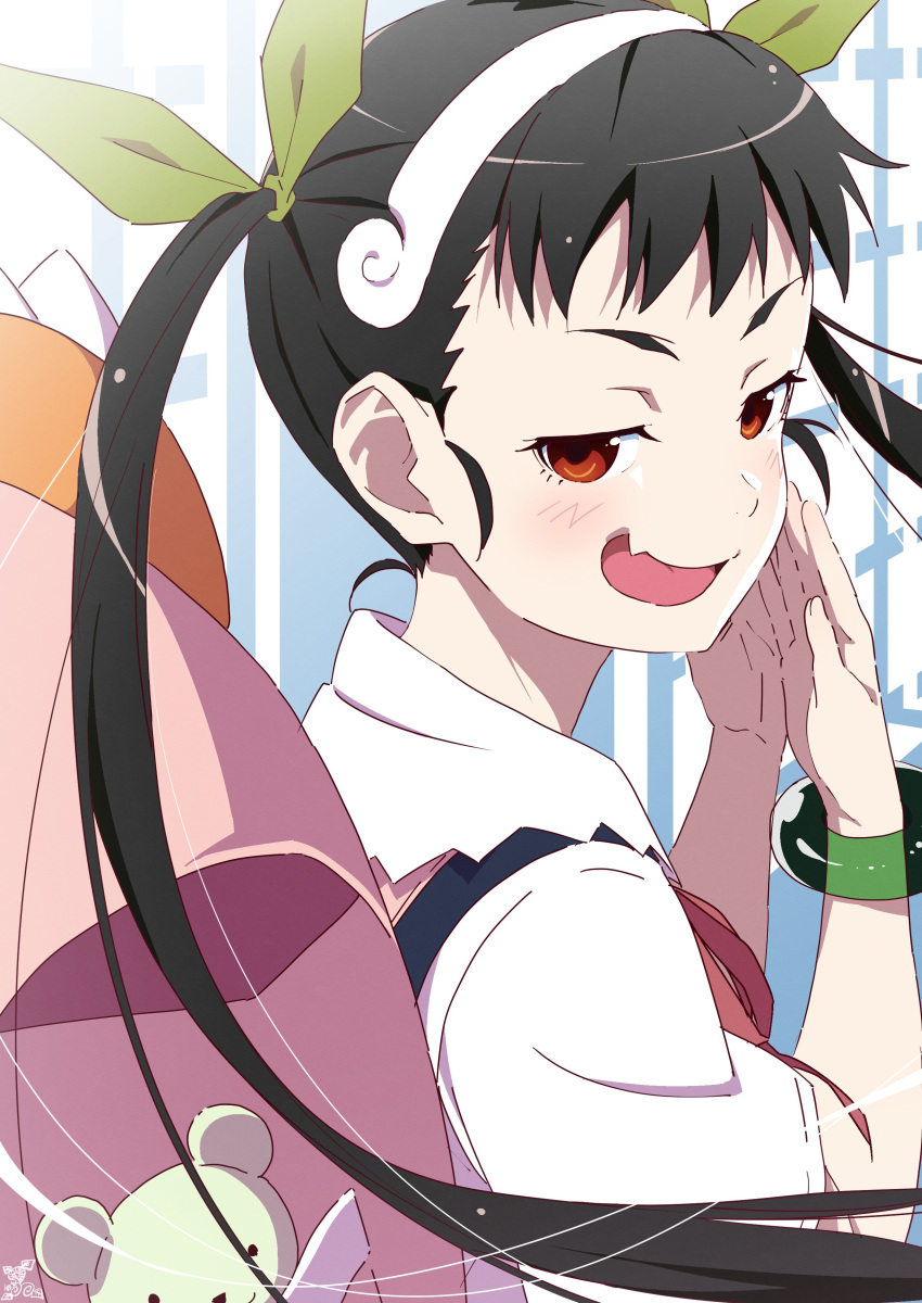 1girl absurdres backpack bag black_hair blush fang green_ribbon hachikuji_mayoi hair_ribbon hairband highres looking_at_viewer makicha_(sasurainopink) making-of_available monogatari_(series) open_mouth red_eyes ribbon school_uniform shirt short_sleeves skin_fang smile solo twintails white_hairband white_shirt