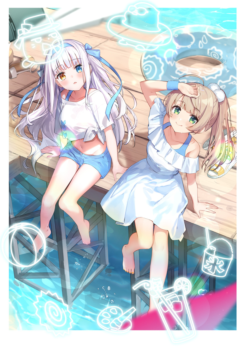 2girls ahoge alternate_costume alternate_hairstyle arm_support arm_up barefoot blue_eyes blue_hairband blue_ribbon blue_shorts blunt_bangs blurry blurry_background border breasts brown_footwear closed_mouth collarbone commentary_request day depth_of_field dress feet frilled_dress frills green_eyes hair_ornament hair_ribbon hairband heterochromia highres innertube kagura_gumi kagura_mea knees_together_feet_apart legs light_purple_hair looking_at_viewer medium_breasts midriff multiple_girls nail_polish navel official_art open_mouth orange_nails outdoors pier ponytail ribbon sandals sandals_removed shigure_ui_(vtuber) shiny_skin shirt short_shorts short_sleeves shorts sidelocks sitting smile thighs tied_shirt toenail_polish toenails toes water white_border white_dress yellow_eyes yumesaki_nana