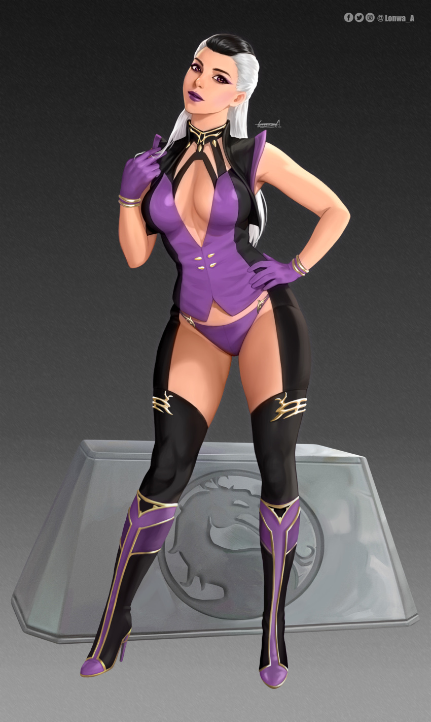 1girl absurdres artist_name bare_shoulders black_hair boots closed_mouth english_commentary facebook_logo full_body gloves grey_hair hand_on_own_hip high_heel_boots high_heels highres instagram_logo logo long_hair lonwa_a looking_at_viewer mortal_kombat_(series) mortal_kombat_11 multicolored_hair orange_eyes panties purple_eyeliner purple_footwear purple_gloves purple_lips purple_panties purple_vest signature sindel sleeveless solo standing string_panties twitter_logo two-tone_hair underwear vest