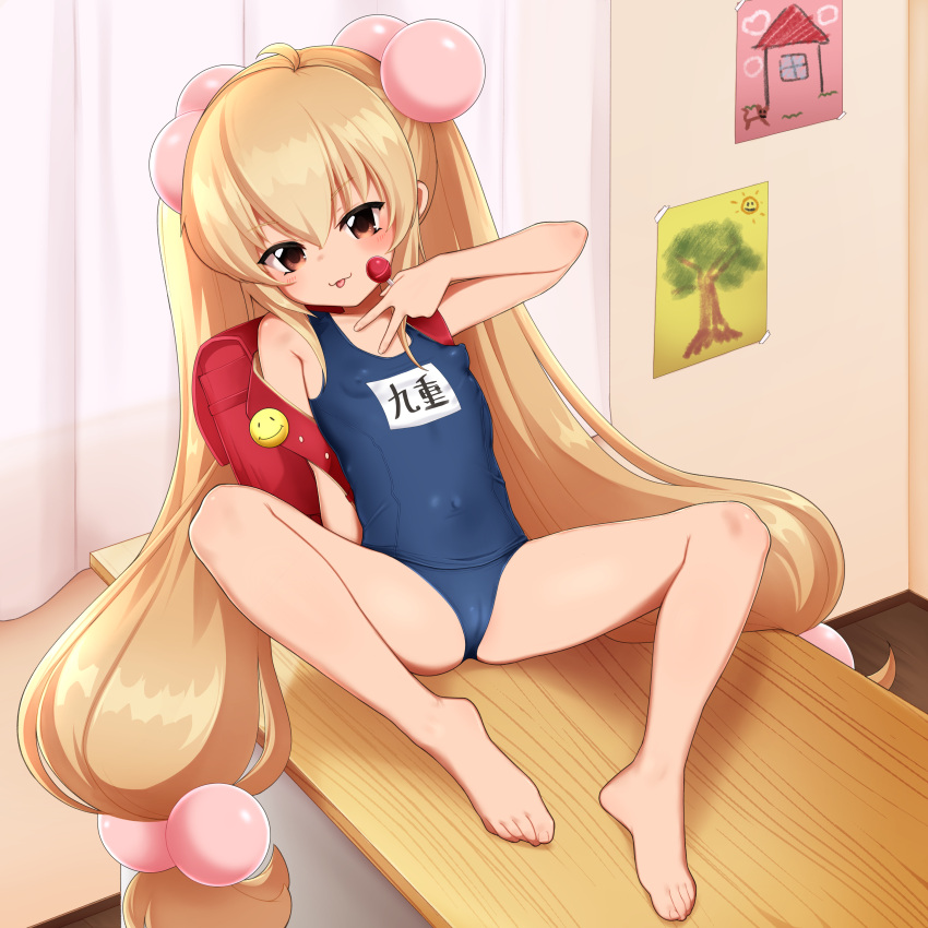 1girl :3 absurdres accessories ahoge backpack bag barefoot bikini blonde_hair brown_eyes candy child classroom commission curtains desk feet flat_chest food goki_buri hair_ornament highres kodomo_no_jikan kokonoe_rin lollipop long_hair navel on_desk pixiv_commission randoseru school_swimsuit sitting sitting_on_desk solo swimsuit thighs toes tongue tongue_out twintails v