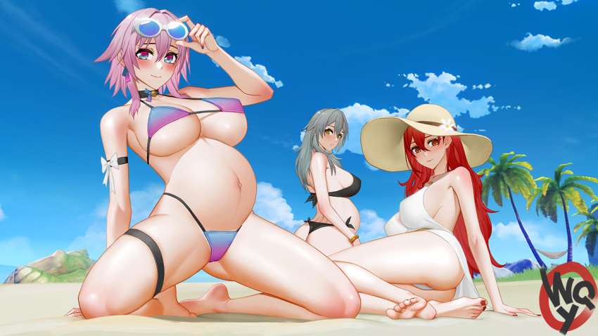 3girls arm_ribbon arm_strap barefoot beach big_belly bikini black_bikini breasts eyewear_on_head feet grey_hair hat himeko_(honkai:_star_rail) honkai:_star_rail honkai_(series) large_breasts legs looking_at_viewer march_7th_(honkai:_star_rail) multiple_girls navel outie_navel palm_tree pedicure pink_hair pregnant red_hair red_nails ribbon sideboob signature soles stelle_(honkai:_star_rail) summer sun_hat sunglasses swimsuit thigh_strap thighs toes trailblazer_(honkai:_star_rail) tree underboob w.q.y